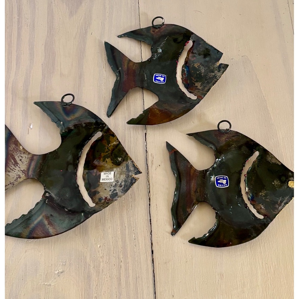 Vintage Brutalist Mixed Metal Angel Fish Wall Art Set 3 Made in Mexico MCM Folk - Picture 6 of 11